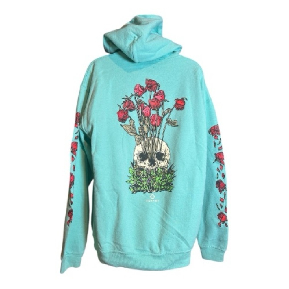 ❗️SOLD ❗️ Turquoise Rose Skull Hoodie Size Men’s L Dead Garden Skater Y2K